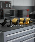 Tough As Nails Aluminum Alloy Engine Mount Bracket With Precision Cut Bolt On Hardware For Rock Solid Stability And Zero Engine Shake Grease Monkey Approved For Weekend Builds displayed on a workbench with bolts and components.