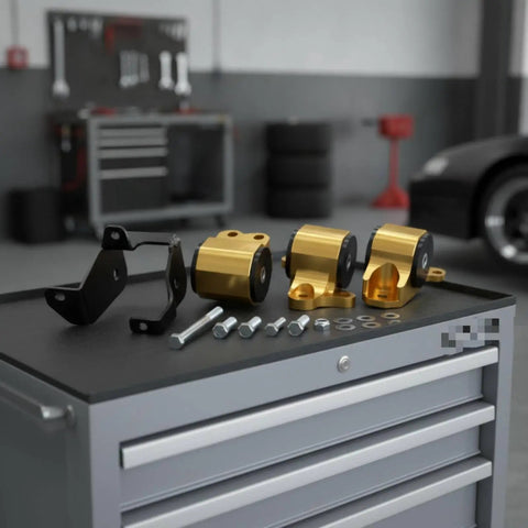 Tough As Nails Aluminum Alloy Engine Mount Bracket With Precision Cut Bolt On Hardware For Rock Solid Stability And Zero Engine Shake Grease Monkey Approved For Weekend Builds displayed on a workbench with bolts and components.