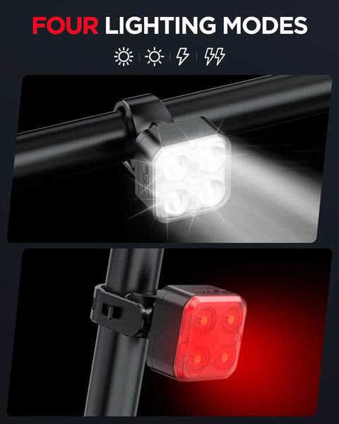 Rechargeable Front And Rear Bike Lights Set With USB Charging Four Modes IPX4 Waterproof Easy Install Epic For City Everyday Commuting And Road Rides 2 Pack