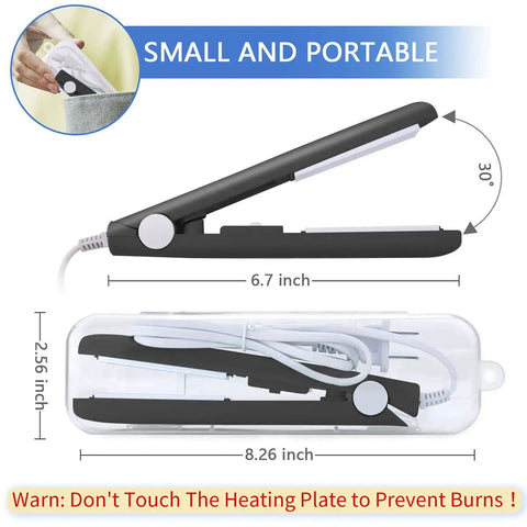 Image showing the dimensions of Mini Bag Sealer For Chips And Snacks On The Go, Handy Heat Sealer, Battery Powered Black with storage case.