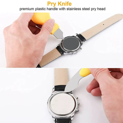 Using 9 Piece Watch Battery Replacement Tool Kit With Back Case Opener on leather watch back
