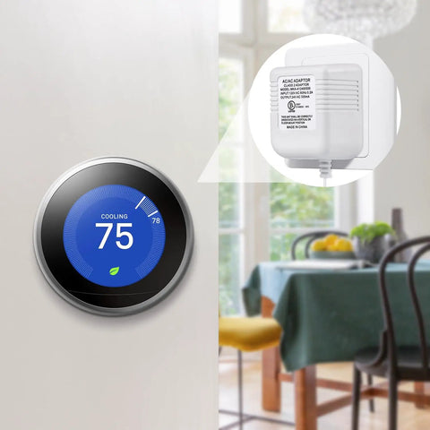 Plug In 24V C Wire Thermostat Adapter For Nest Ecobee Sensi Honeywell Smart WiFi next to smart thermostat in living room