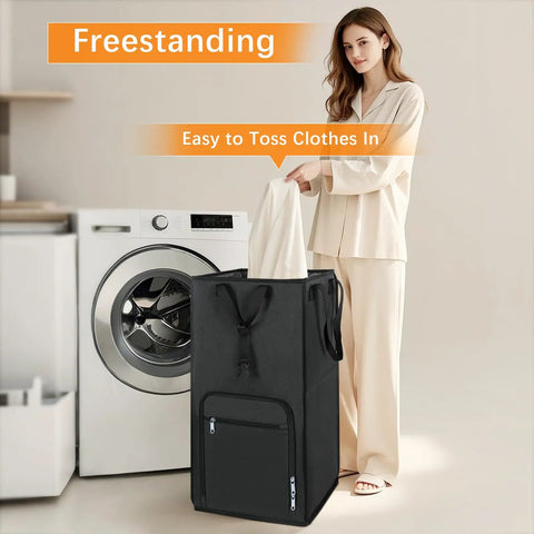 Woman using Big Ol 90L Rolling Laundry Backpack With Wheels 3 In 1 Freestanding Laundry Basket And Collapsible Hamper in laundry room