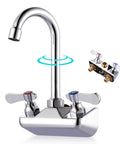 Top Shelf Four Inch Center Wall Mount Sink Faucet With Slick Chrome Plating And Hella Tough Dual Levers delivering smooth 360 degrees swivel.