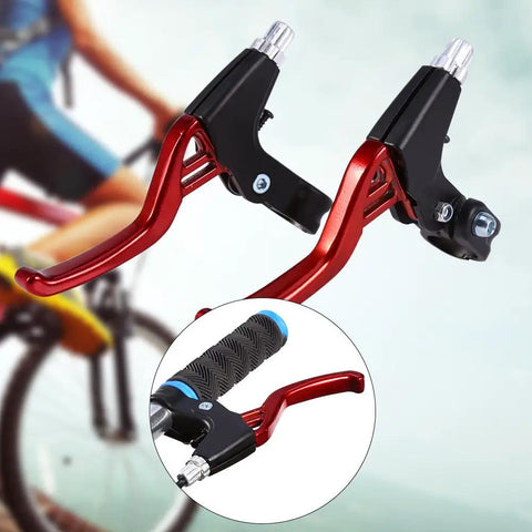 Lightweight Aluminum Bike Brake Levers Set For Road And Mountain Biking, Durable Alloy Brake Handles, red levers close-up