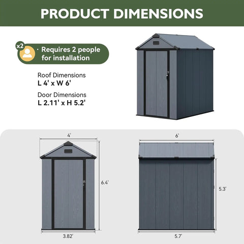 Dimensions diagram for 4x6 Ft Resin Outdoor Storage Shed With Reinforced Floor And Lockable Door No Fuss All Weather Plastic Tool Shed With Window And Vents For Garden Patio Bikes Garbage Cans And Yard Gear Dark Gray.
