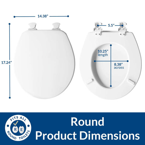 Round Easy Clean Release Hinges Toilet Seat With Quick Release For Deep Cleaning, Durable, White, Dimensions Illustrated