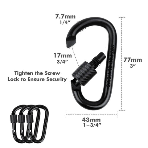 Locking Carabiner Keychain Clips Set Of 3 With 9 Assorted Size D Ring Key Rings For Water Bottles Dog Tags And Car Keys Black Flat Style Built For Everyday Carry And Quick Access with measurements