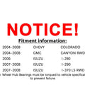 Notice of fitment information for Front Wheel Hub Bearing Assembly Compatible With Chevrolet Colorado 2004 To 2008 RWD, GMC Canyon RWD, Isuzu