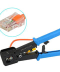 Pro Grade Ethernet Crimp Tool For Pass Through And Standard Ends Heavy Duty Crimper with CAT6 connector visible
