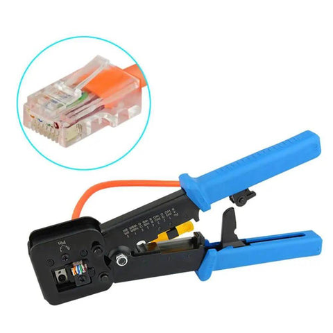Pro Grade Ethernet Crimp Tool For Pass Through And Standard Ends Heavy Duty Crimper with CAT6 connector visible
