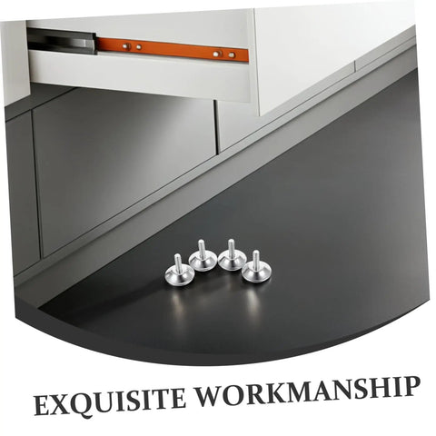 Heavy Duty Adjustable Furniture Levelers And Metal Screw Feet With Grippy Rubber Pads To Fix Wobbly Cabinets Tables Chairs And Dressers Zero Sweat Quick Install silver leveler feet on a dark surface, showcasing design and material.