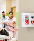 NLShan AED cabinet wall mount, white steel defibrillator storage with PVC clear window and handle, front view.