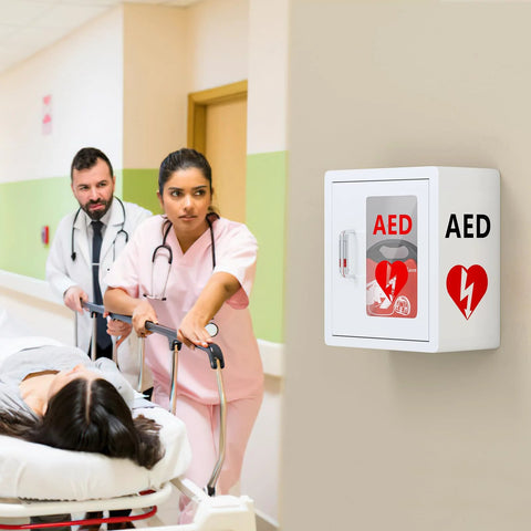 NLShan AED cabinet wall mount, white steel defibrillator storage with PVC clear window and handle, front view.