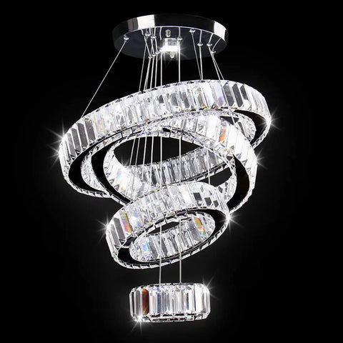 Four Ring LED Crystal Chandelier With Adjustable Ring Sizes, Sleek Stainless Steel Modern Ceiling Light For Living Room