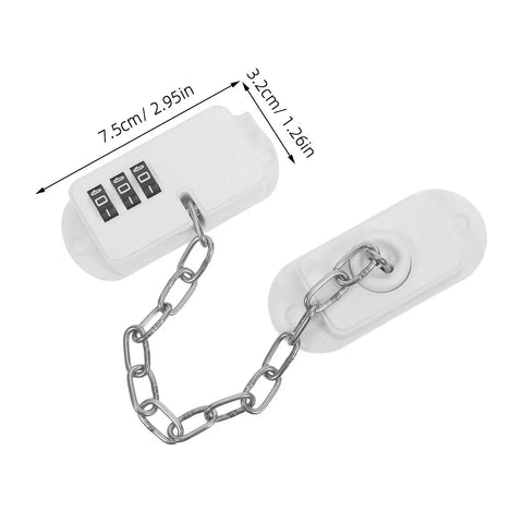 Kidproof Fridge Lock With Adjustable Password Code shown with chain and adhesive mounts, white universal fit for safety.