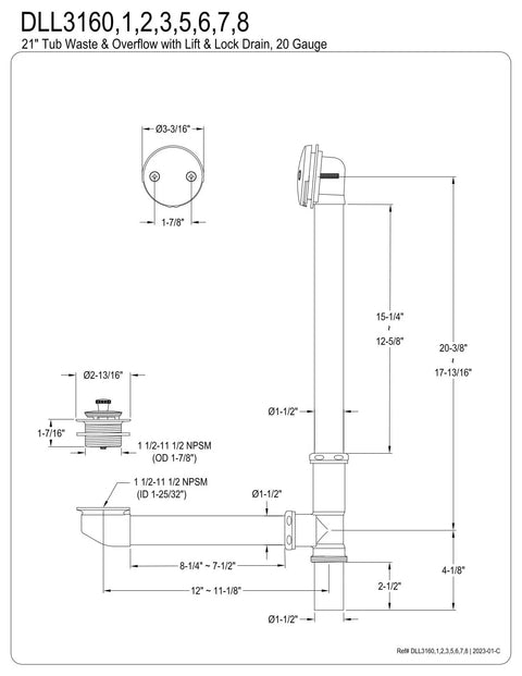 Made To Match Tub Waste And Overflow Lift And Turn Drain In Brushed Brass, diagram with measurements, 20 gauge construction