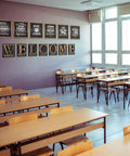 Fresh Industrial Chic Bulletin Board Poster Set Leveling Up Classroom Vibe With Seven Welcome Cutouts And Six Motivational Prints Perfect Teacher Decor Game Changer Glue Dots Included displayed on classroom wall.