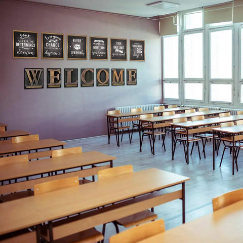 Fresh Industrial Chic Bulletin Board Poster Set Leveling Up Classroom Vibe With Seven Welcome Cutouts And Six Motivational Prints Perfect Teacher Decor Game Changer Glue Dots Included displayed on classroom wall.