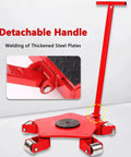 Heavy Duty Swivel Roller Moving Skates With Comfort Grip Handle For Smooth Furniture And Machinery Transport Around The Shop Or Garage For Quick Weekend Or Holiday Projects close-up of detachable handle and steel chassis.