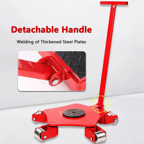 Heavy Duty Swivel Roller Moving Skates With Comfort Grip Handle For Smooth Furniture And Machinery Transport Around The Shop Or Garage For Quick Weekend Or Holiday Projects close-up of detachable handle and steel chassis.