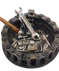 Vintage Motorcycle Chain Ashtray With Wrench And Bike Motif for Biker Bars Harleys and Smoking Rooms, high-angle view