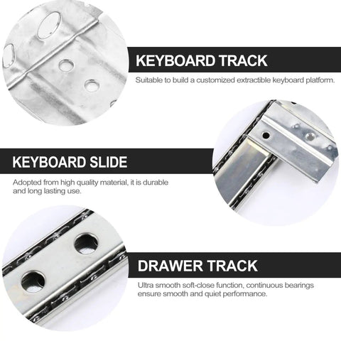 Rock Solid 14 Inch Keyboard Drawer Slides With Smooth Ball Bearings deliver a close-up view of durable metal tracks for under desk use.