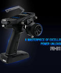11 Channel 2.4GHz RC Transmitter With 3.5 Inch IPS Display And Dual Antennas for Cars and Boats in black casing, side view.