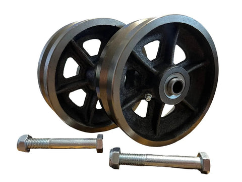 Pair of 6-inch cast iron V-groove wheels for sliding gates, 100 lb load per wheel, with mounting bolts