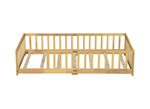 Twin Montessori Floor Bed With Full Surround Safety Guardrails For Little Explorers, Crafted From Premium Pine Wood showing guardrail design.
