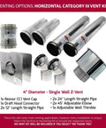 Horizontal Category III Vent Kit components including vent cap, straight pipes, and elbows for Heavy Duty 30k Btu Horizontal Natural Gas Garage Heater.