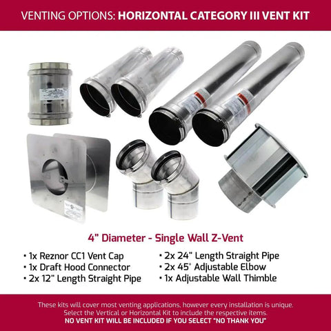 Horizontal Category III Vent Kit components including vent cap, straight pipes, and elbows for Heavy Duty 30k Btu Horizontal Natural Gas Garage Heater.