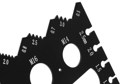 Front view of Wen ME210G thread-pitch gauge, metal, black, with imperial/metric teeth and large central holes.