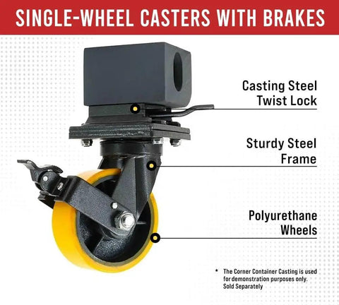 Four Pack Heavy Duty ISO Shipping Container Caster Wheels 6600 Lbs Per Wheel, 7.75 Inch Diameter By 2.75 Inch Wide, Yellow And Black Industrial Casters For Easy Container Movement, -13F To 140F featuring steel twist lock and sturdy frame