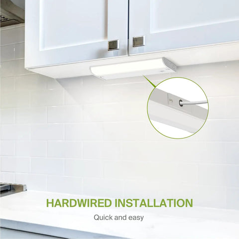 Dimmable 9 Inch Under Cabinet LED Lights For Kitchen No Fuss Easy Install, 3W 202 Lumens, mounted under white kitchen cabinet.