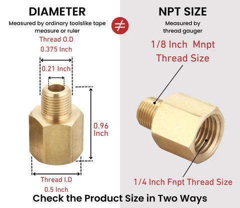 Diagram showing One Eighth Inch NPT Male To One Quarter Inch NPT Female Pipe Adapter Fittings with size measurements