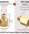 Brass One Eighth Inch NPT Male To One Quarter Inch NPT Female Reducing Adapter Pipe Fitting Two Pack Durable Plumbing And HVAC Connector For Quick Leak Free Install In Home Or Shop. brass NPT adapter size chart showing 1/8 MNPT to 1/4 FNPT threads