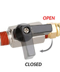 Close-up of one quarter inch drain valve with open and close lever for Extended Tank Drain Kit With 10 Inch Braided Steel Hose, Air Compressors.