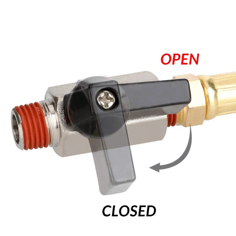 Close-up of one quarter inch drain valve with open and close lever for Extended Tank Drain Kit With 10 Inch Braided Steel Hose, Air Compressors.