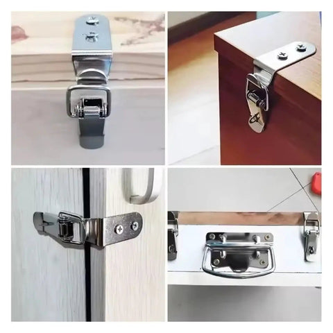 Heavy Duty Toggle Latch Clamp Set 20 Pack Duck Mouth Buckle Hooks on cabinets and doors, showcasing different installation angles