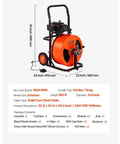 Heavy Duty Automatic Feed Drain Auger Sewer Snake Cleaning Machine with 100 ft steel cable and air foot switch, 35 inches tall.