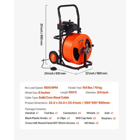Heavy Duty Automatic Feed Drain Auger Sewer Snake Cleaning Machine with 100 ft steel cable and air foot switch, 35 inches tall.
