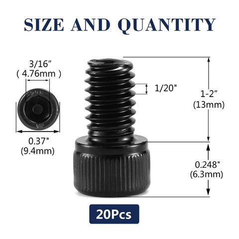 Built Different 304 Stainless Steel Socket Head Cap Screws 1/4-20 X 1/2 Inch with measurements for precise use.