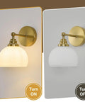 Feasey Vintage Milk Glass Globe Wall Sconce, Mid Century Ribbed Glass Light shown on and off, featuring ribbed glass and brass.