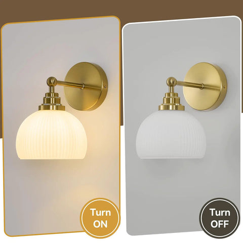 Feasey Vintage Milk Glass Globe Wall Sconce, Mid Century Ribbed Glass Light shown on and off, featuring ribbed glass and brass.
