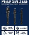 3 Piece Impact Socket Adapter Set With One Quarter Inch, Three Eighth Inch And One Half Inch Drive Heads shown on blue background
