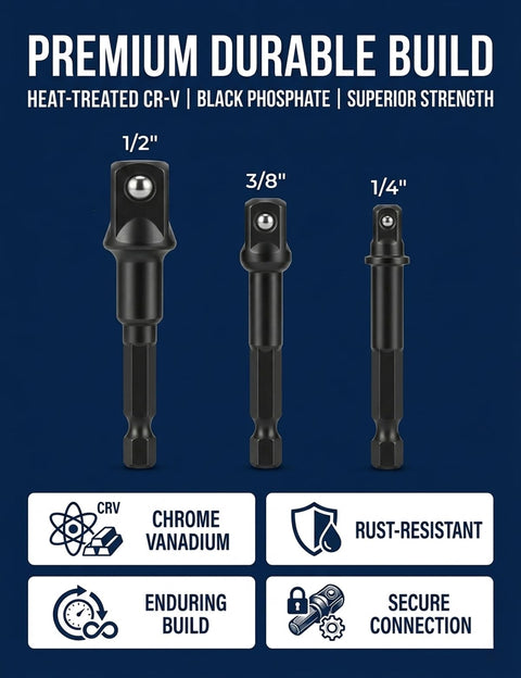 3 Piece Impact Socket Adapter Set With One Quarter Inch, Three Eighth Inch And One Half Inch Drive Heads shown on blue background