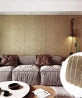 Peel And Stick Wallpaper 3D Textured Contact Paper Self Adhesive Aluminum Foil Backing Brown Pearlescent Linen Surface in modern living room.