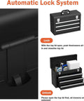 Beefy Heavy Duty 3 Drawer Metal Toolbox With Top Storage Tray And Carrying Handle Portable Steel Tool Chest shown with locking system.