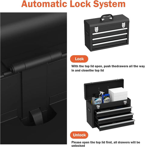Beefy Heavy Duty 3 Drawer Metal Toolbox With Top Storage Tray And Carrying Handle Portable Steel Tool Chest shown with locking system.